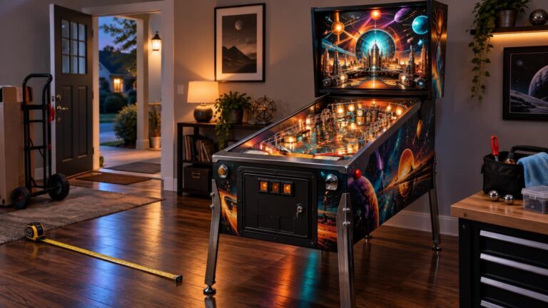 A space-themed pinball machine in a warmly lit home game room, with a hand truck and boxed delivery at the open front door, a tape measure on the floor, and repair tools and spare pinballs on a nearby workbench.