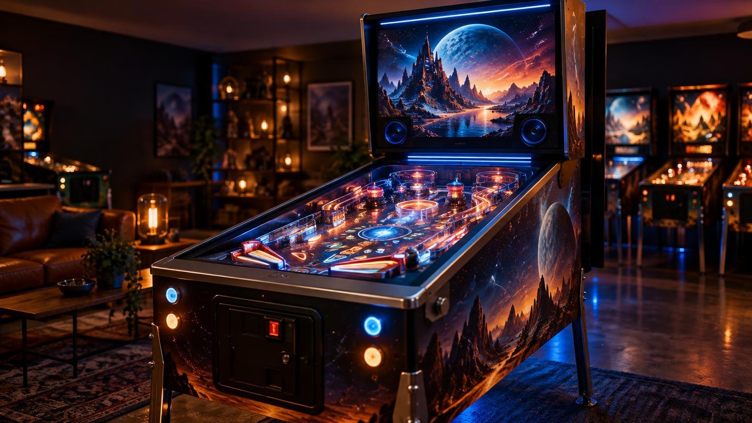 A futuristic pinball cabinet in a warmly lit game room, with glowing blue and orange lights, space-themed cabinet art, and a large backbox display showing a fantasy mountain landscape beneath a moon.