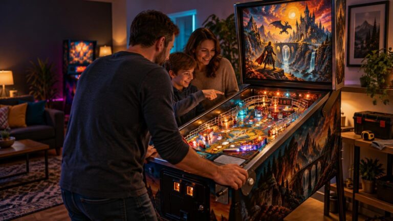 A family of three plays a brightly lit fantasy-themed pinball machine with a dragon-and-castle backglass in a warmly furnished home game room.