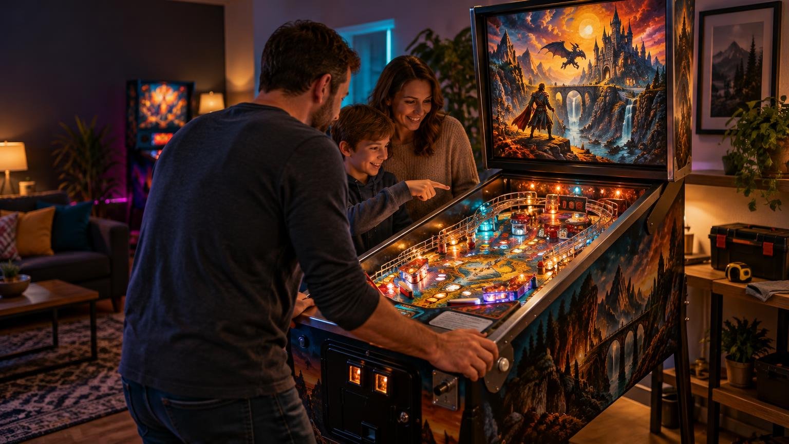 A family of three plays a brightly lit fantasy-themed pinball machine with a dragon-and-castle backglass in a warmly furnished home game room.