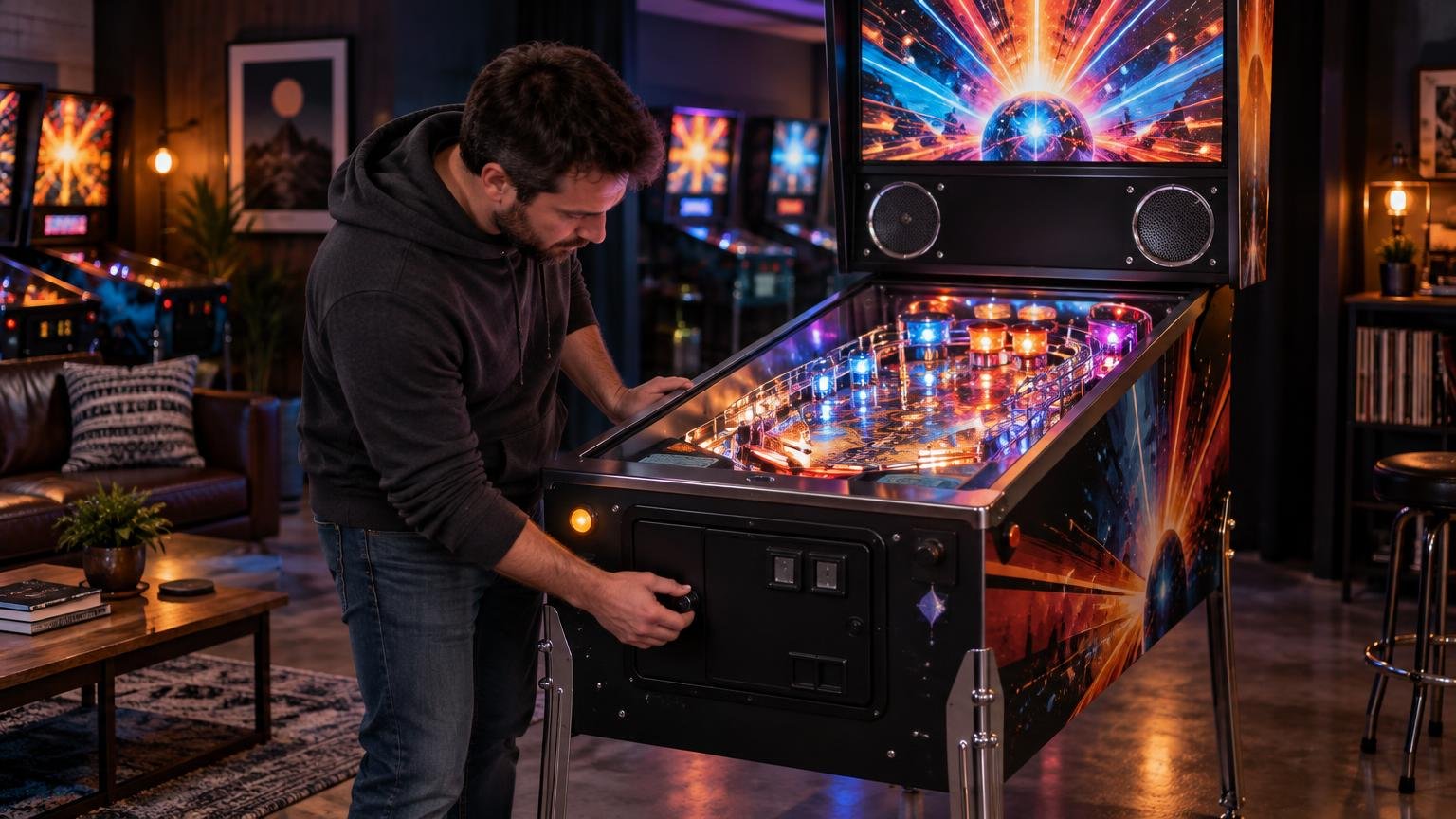 Person adjusting a brightly lit pinball machine with two large speakers beneath its backglass in a warmly lit game room.