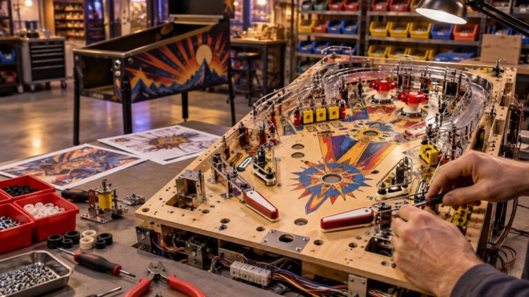 A technician assembles an unfinished pinball playfield on a workshop bench, surrounded by parts bins, tools, wiring, printed artwork sheets, and a partially built pinball cabinet in the background.
