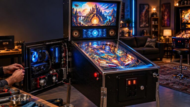 A custom virtual pinball cabinet in a warmly lit game room, with a colorful digital playfield and backbox screens, front controls, and an open side panel revealing a glowing PC, wiring, and hardware while someone works on it.