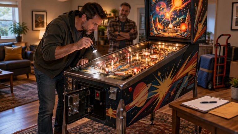 Two men inspect a space-themed pinball machine in a warmly lit home, with one using a flashlight over the illuminated playfield and a hand truck, moving blanket, and checklist nearby.