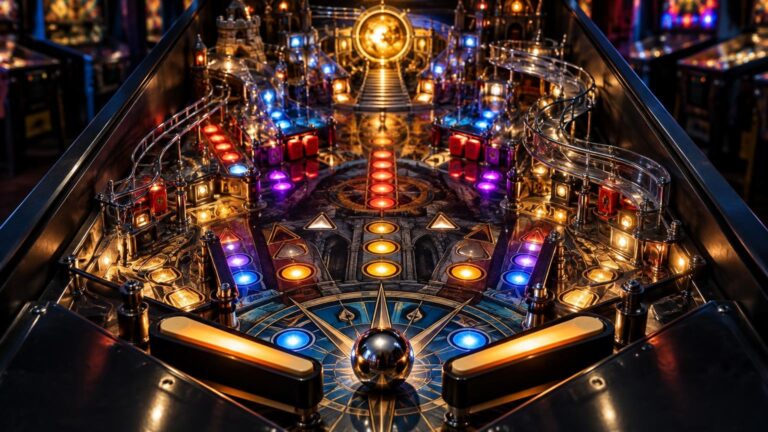 Close-up view of a brightly lit pinball playfield with metal rails, colorful circular inserts, ramps, flippers, and a silver ball centered above the lower playfield.