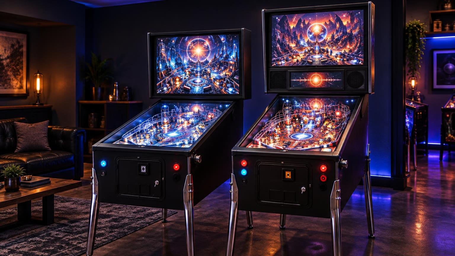 Two black virtual pinball cabinets in a dark, neon-lit game room; the left has a playfield screen and backglass display, while the right adds a small dedicated display between its speakers.