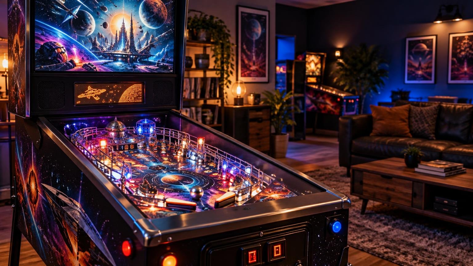 Space-themed pinball machine with a colorful illuminated playfield, a large sci-fi backbox display, and an amber dot-matrix panel in a warmly lit home game room.