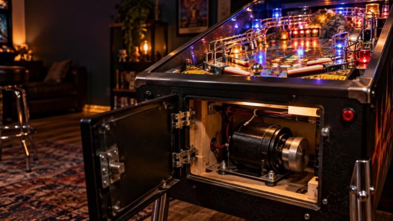 Close-up of a lit pinball machine in a warm game room, with a side cabinet door open to reveal a large black motor assembly, wiring, and mounting hardware beneath the playfield.