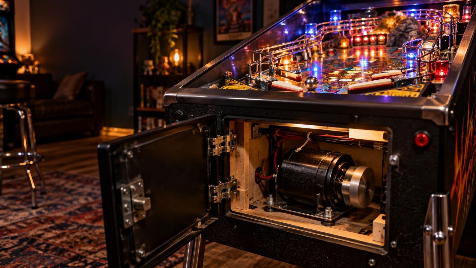 Close-up of a lit pinball machine in a warm game room, with a side cabinet door open to reveal a large black motor assembly, wiring, and mounting hardware beneath the playfield.