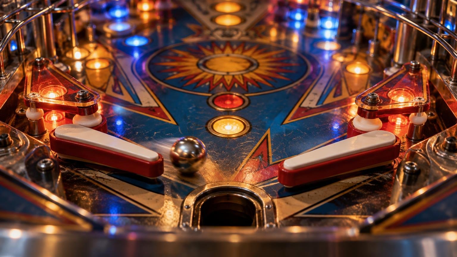 Close-up of a brightly lit physical pinball playfield with two lowered white flippers, a silver ball between them, glowing inserts, and the center drain visible in the foreground.