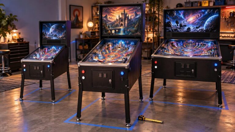 Three virtual pinball cabinets with illuminated digital playfields stand in a warmly lit workshop, each positioned inside blue taped floor outlines; a tape measure lies in the foreground.