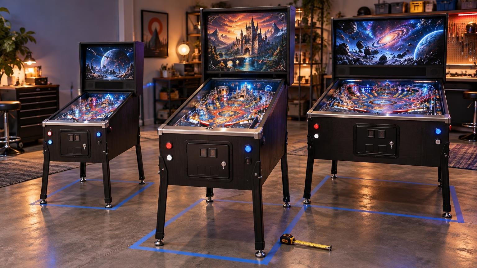 Three virtual pinball cabinets with illuminated digital playfields stand in a warmly lit workshop, each positioned inside blue taped floor outlines; a tape measure lies in the foreground.