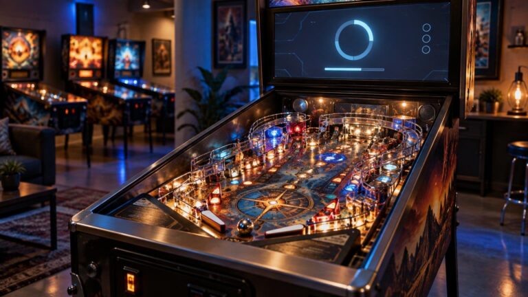 Modern illuminated pinball machine with a large backbox screen showing a circular loading indicator and progress bar in a warmly lit game room with other machines behind it.